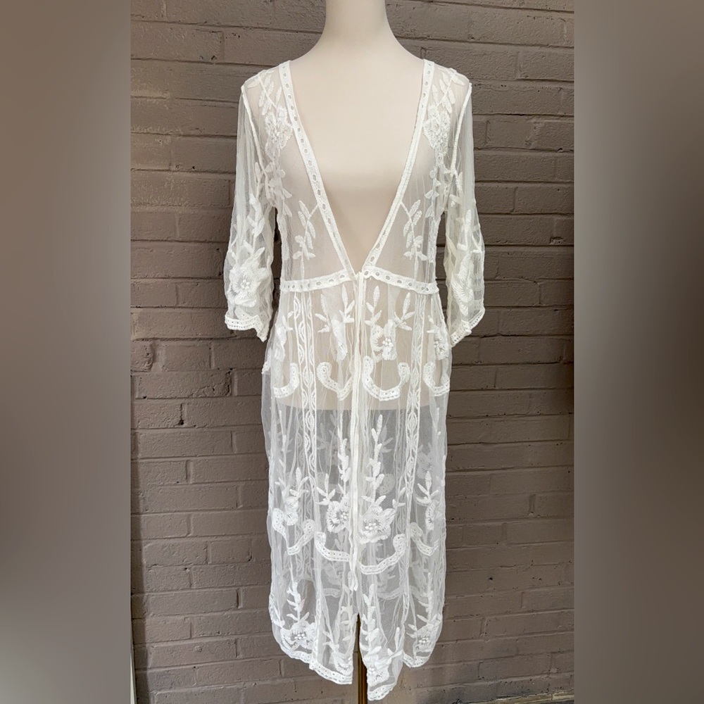 White Mesh and Lace Sheer Swim Cover-Up S